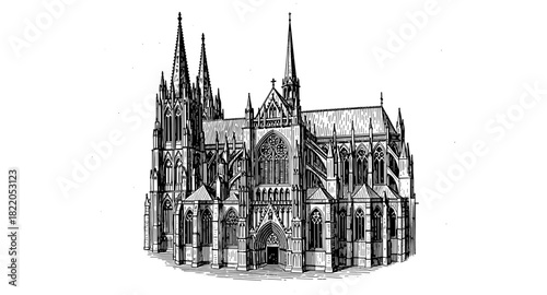 Gothic cathedral architecture with detailed spires and arched windows in black and white