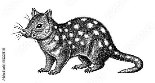 Intricate vintage drawing of a spotted marsupial with detailed texture