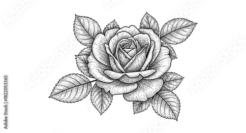 Detailed black and white engraved rose with leaves