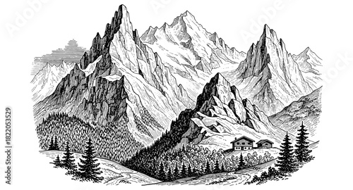 Detailed mountain landscape with alpine houses and forest in vintage etching style