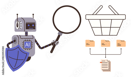 AI robot holds a magnifying glass and shield near data folders and shopping basket, representing cybersecurity, e-commerce analysis, AI-powered research, protection, and automation. Ideal