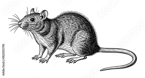 Detailed vintage engraving of a mouse in black and white