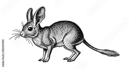 Detailed pen style drawing of a mouse with large ears and long tail
