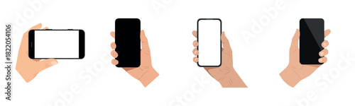 Collection of hands holding and interacting with smartphones in various positions and gestures, isolated on white background