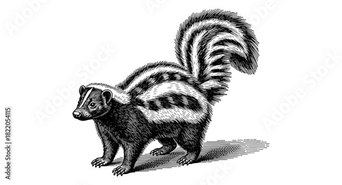 Engraved style skunk with distinct black and white stripe pattern