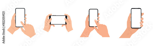 Collection of hands holding and interacting with smartphones in various positions and gestures, isolated on white background