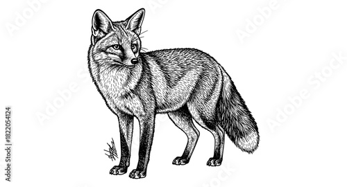 Detailed black and white fox drawing in vintage engraving style