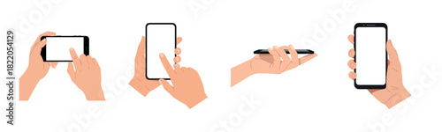 Collection of hands holding and interacting with smartphones in various positions and gestures, isolated on white background