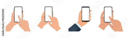 Collection of hands holding and interacting with smartphones in various positions and gestures, isolated on white background