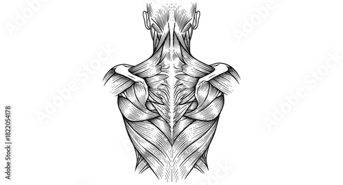 Intricate line art of upper body musculature in back view