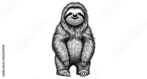 Detailed black and white sloth illustration with intricate fur textures