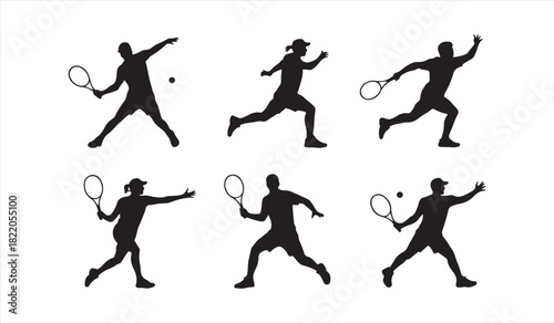 Black Vector Tennis Icons Depicting Running, Serving, and Hitting Scenes