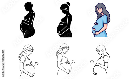 Pregnant woman holding her belly in various poses showcasing different artistic styles, conveying a sense of anticipation and maternal love.