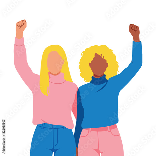 Two diverse women standing side by side with raised fists symbolizing sisterhood, protest, and female empowerment isolated on vector illustration