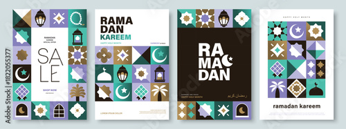 Set of Ramadan Kareem vector illustration in flat geometric style design for poster, greeting card, banner and cover. Translation: Ramadan Kareem

