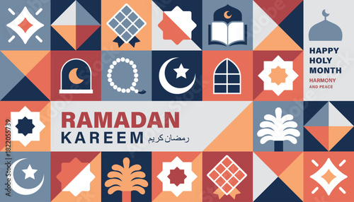 Ramadan Kareem vector illustration in flat geometric style design for poster, greeting card, banner and cover. Translation: Ramadan Kareem


