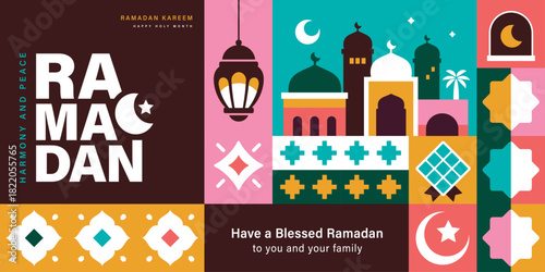 Ramadan Kareem vector illustration in flat geometric style design for poster, greeting card, banner and cover.

