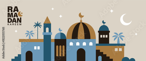 EID Mubarak banner, poster, greeting card, cover design with mosque, lantern and typography in flat geometric style.


