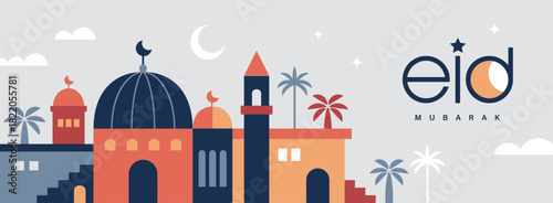 EID Mubarak banner, poster, greeting card, cover design with mosque, lantern and typography in flat geometric style.

