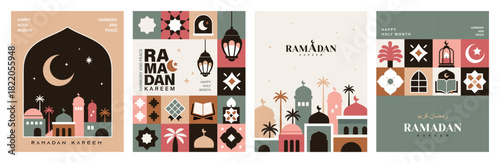 Set of Ramadan Kareem vector illustration in flat geometric style design for poster, greeting card, banner and cover. Translation: Ramadan Kareem

