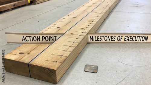 Unvarnished wooden plank with measurement markings and milestone indicators, representing progress and development.