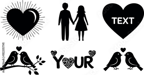 Romantic heart love couple birds symbols vector illustration design elements