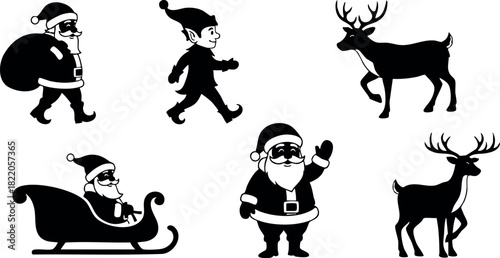 Santa Claus elf reindeer black silhouette Christmas holiday winter vector illustration