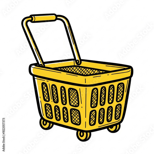 Yellow shopping cart with handle and wheels isolated on white background
