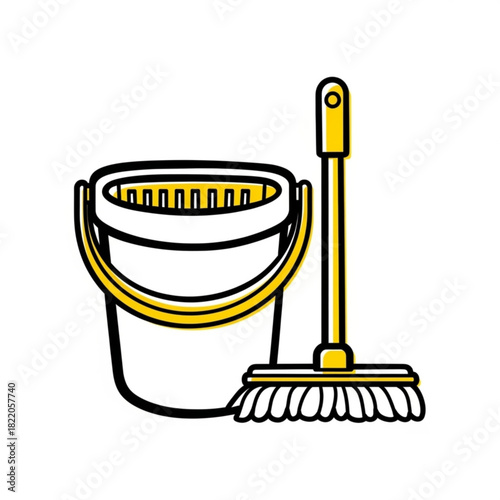 Cleaning bucket and mop isolated on white background
