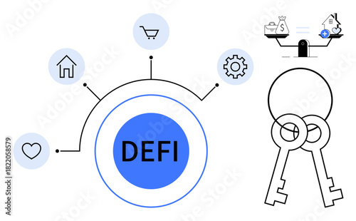 Decentralized finance DEFI concept. DEFI connects financial independence with balance, security, and innovation. DEFI for fintech, blockchain, cryptocurrency, financial apps, and decentralized
