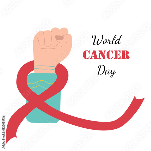 World cancer day banner. Awareness of cancer disease. Raised fist tied with a red ribbon as a symbol of the fight against cancer. Hand drawn vector illustration in flat style. 4 February