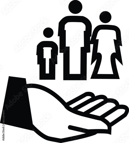 Family Care: An artistic illustration symbolizing a family, held securely within the embrace of a caring hand, signifying support, protection, and nurturing.