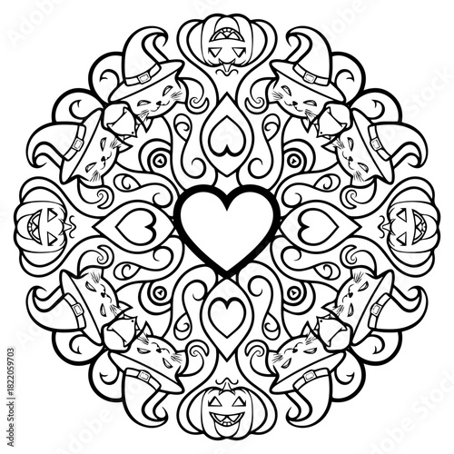 Abstract Halloween Mandala with Witch Hat Cats, Pumpkins and Hearts, Holiday Ornament