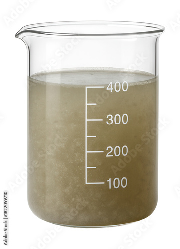 Clear beaker containing a sample of cloudy water showing turbidity levels.