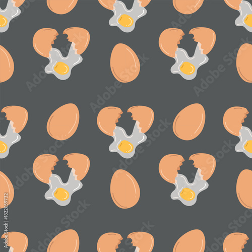 Seamless pattern with chicken eggs. Hand drawn vector illustration in flat style. Whole brown eggshell eggs, boiled, liquid raw yolk, broken eggshells. Concept of tasty breakfast, farm, cooking