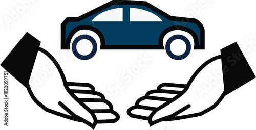 Automotive Protection Concept: Two hands gently cradle a stylish automobile, symbolizing care, security, and the preservation of valuable assets. 