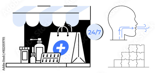 Pharmacy 247 services. Pharmacy with drugs, respiratory health to breathing functions, and puzzle grid structure. Pharmacy solutions, health apps, medical stores, breathing aids, telemedicine