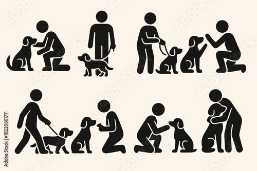 Dog Care, Interaction and Obedience Training Silhouette Icons Set