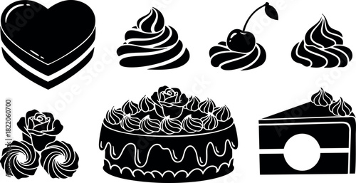 Heart shaped cake cherry cupcake cake slice and rose decoration vector illustration