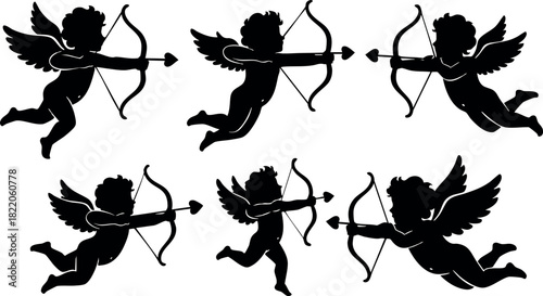Silhouette cupid vector set with wings bow and arrow love symbols collection flying cherubs valentines day decoration