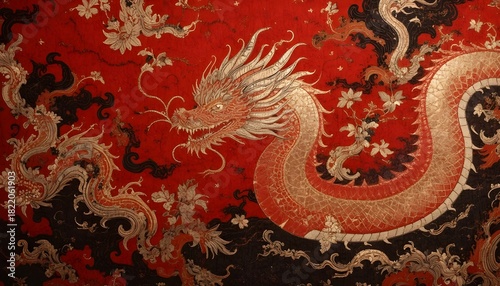  “Hand-painted Chinese cultural patterns on traditional garment fabric, featuring ancient dragon motifs, flowing ink art, vibrant red, black and gold tones, fine textile texture, high-resolution close