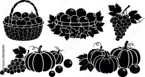 Black silhouette vector illustration of basket apples grapes pumpkins and leaves isolated on white background