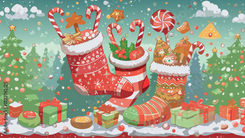 Christmas stockings filled with presents and candy canes