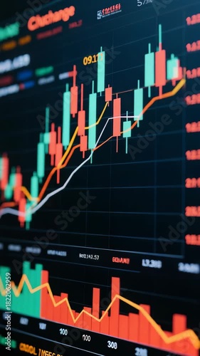 Close-up of a digital cryptocurrency trading chart with candlestick and line graphs, displaying fluctuating prices and market trends on a computer screen in a financial environment.