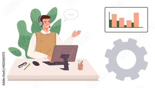Professional with headset explaining at desk near computer, bar chart, and cogwheel. Ideal for customer support, data analysis, teamwork, online consultation, communication, technology modern