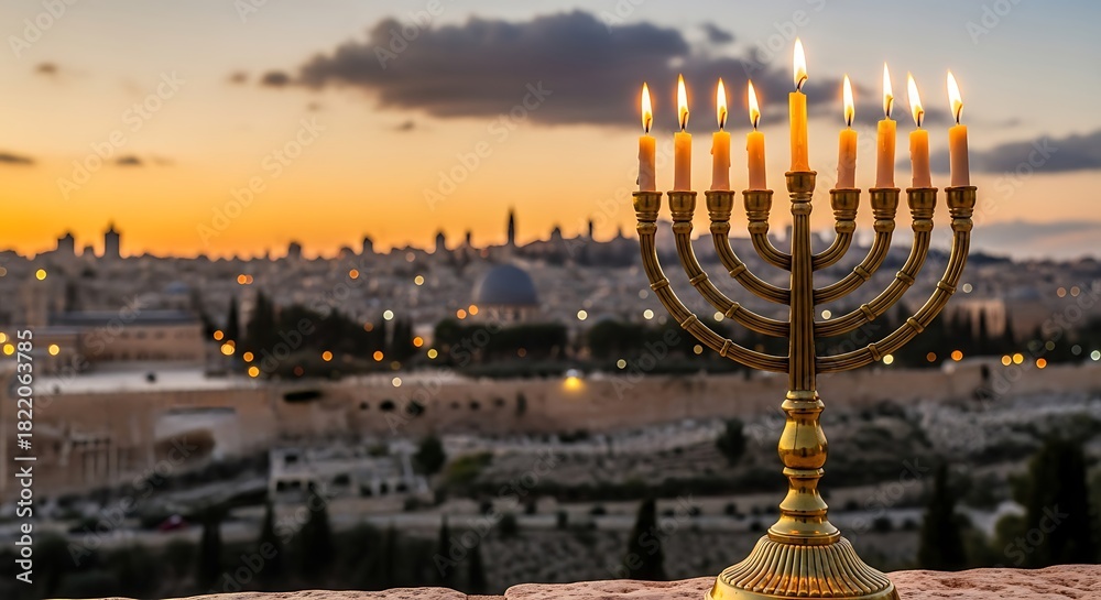 Naklejka premium Menorah candles burning with jerusalem skyline at sunset for hanukkah celebration