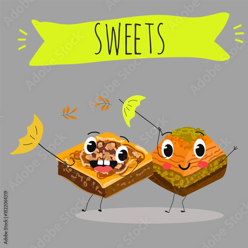 Funny Characters Turkish Traditional desserts pistachio baklava, hand drawn vector illustration.
