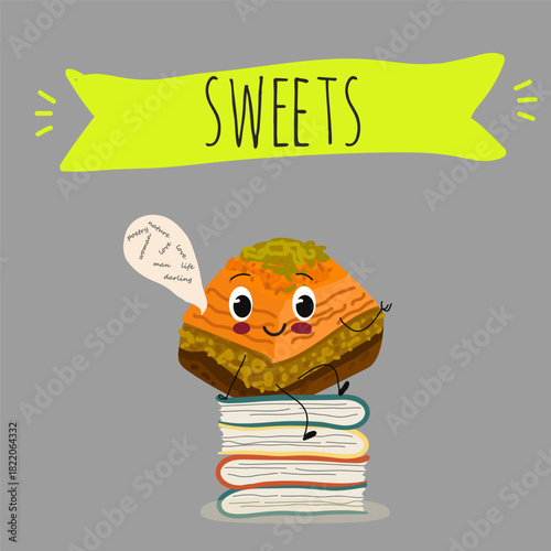 Funny Characters Turkish Traditional desserts pistachio baklava, hand drawn vector illustration.