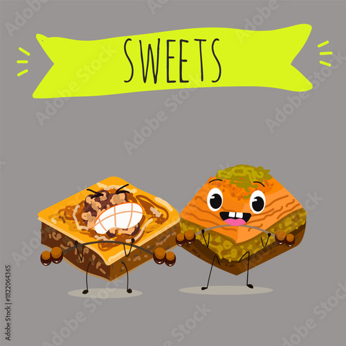 Funny Characters Turkish Traditional desserts pistachio baklava, hand drawn vector illustration.