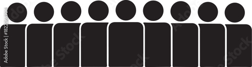Row of Eight Black Silhouette Figures with Round Heads and Rectangular Bodies Keywords: silhouette, figures, people, group, row, line, abstract, human, icon, symbol, simple, on transparent background